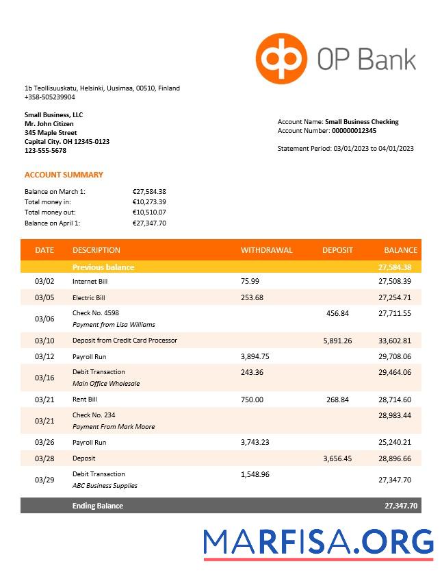 Blank OP Bank company account statement Word and PDF template